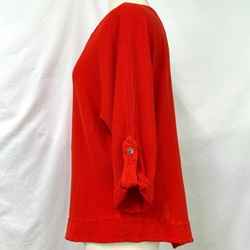 COTTONWAYS Red 100% Cotton Gauze V Neck Tunic Womens 2 L/XL Lagenlook Boxy Beach - Picture 3 of 7
